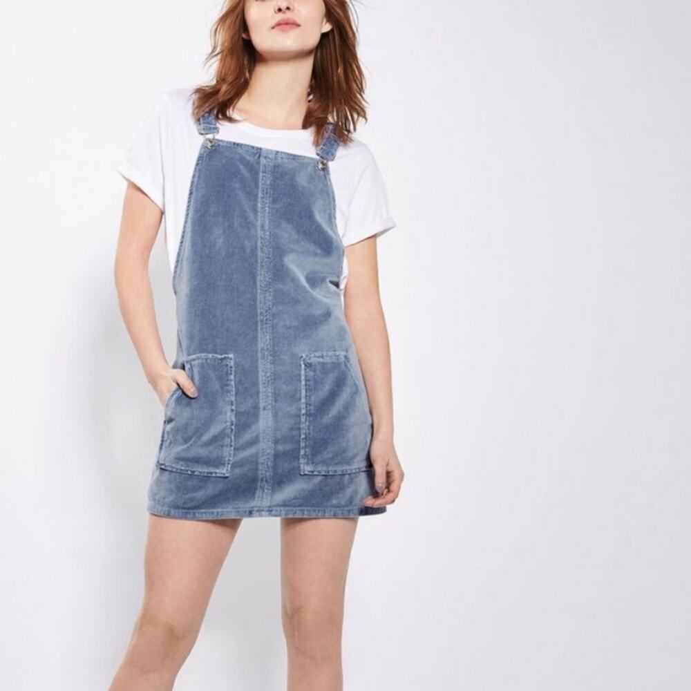 Topshop Moto Blue Velvet Pinafore Overall Mini Dress US 2 Y2K